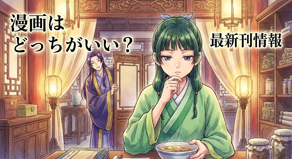 『薬屋のひとりごと』漫画はどっちがいい？最新刊情報のアイキャッチ。食事をする猫猫と、それを見守る壬氏のイラスト。