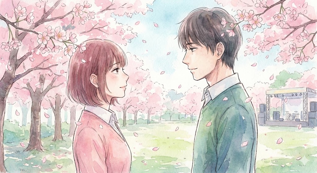 『クズの本懐』のアニメ版の切ない別れと、漫画完結後の希望ある再会を対照的に描いた画像。成長した花火と麦が笑顔で向き合う姿を表現しています。