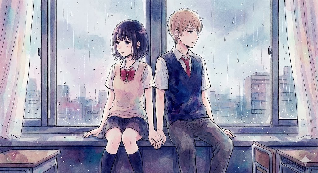『クズの本懐』の主人公、花火と麦が雨の日の窓辺で手を繋ぎ、互いに視線を逸らしている切ないシーンの水彩風イラスト。