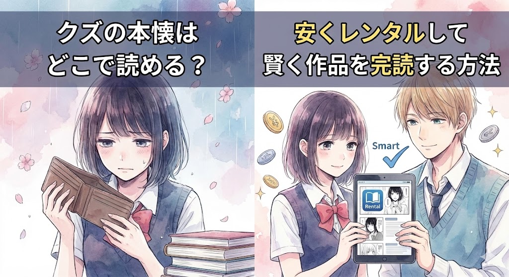 『クズの本懐』のアニメと漫画の違いを解説する画像。雪の日の悲しみと桜の日の再会を対比させ、物語の完結と救済を表現したイラストです。