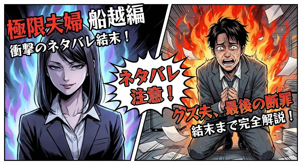 漫画『極限夫婦』船越編。不敵な笑みの妻・桃子と、炎の中で絶望し土下座する夫・船越の対照的なイラスト。衝撃のネタバレ結末と最後の断罪を解説する画像。