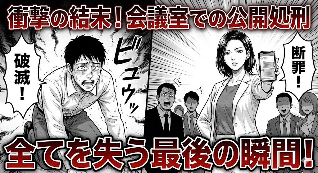 『極限夫婦』船越編のネタバレ結末。復讐を果たす妻と、最後は全てを失い絶望する夫の姿。物語の衝撃度を伝える、口コミでも話題の断罪シーンを描いた画像。