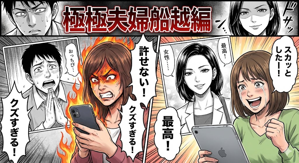 極限夫婦の船越編のネタバレ結末と最後を象徴するイラスト。冷徹な妻と絶望する夫の対比が描かれ、口コミ評価でも話題の衝撃シーンを表現しています。