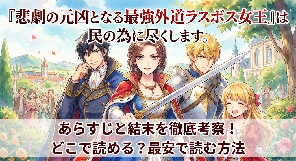 悲劇の元凶となる最強外道ラスボス女王は民の為に尽くします。のあらすじ、結末、どこで読めるかを解説する、主要キャラが集結したアイキャッチ画像。