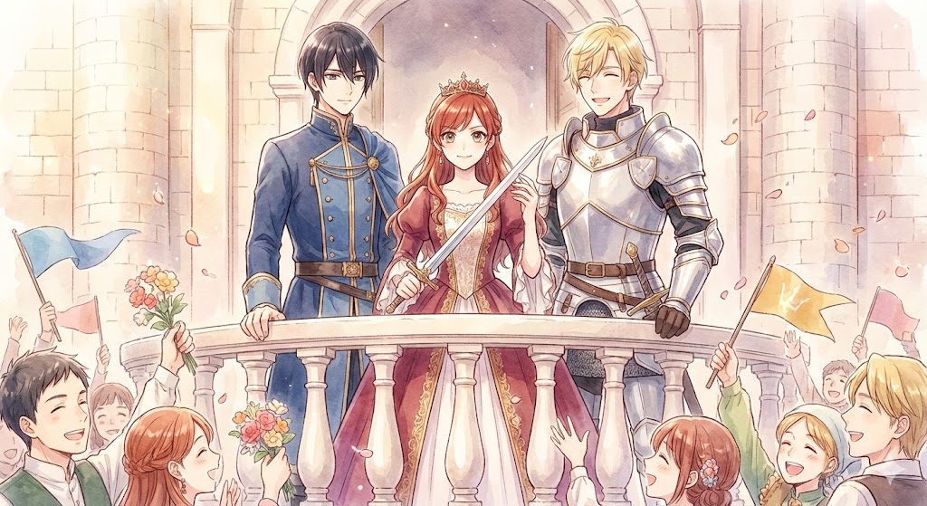 運命に抗う王女プライドと、彼女を守るステイル、アーサー、ティアラが集結した作品を象徴する代表的なシーン。