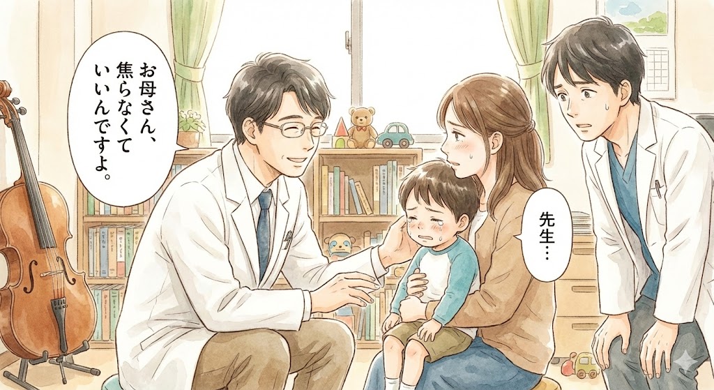 漫画『リエゾン』のあらすじを象徴するシーン。佐山院長が「お母さん、焦らなくていいんですよ」と親子に寄り添い、救いの言葉をかける感動のイラスト。