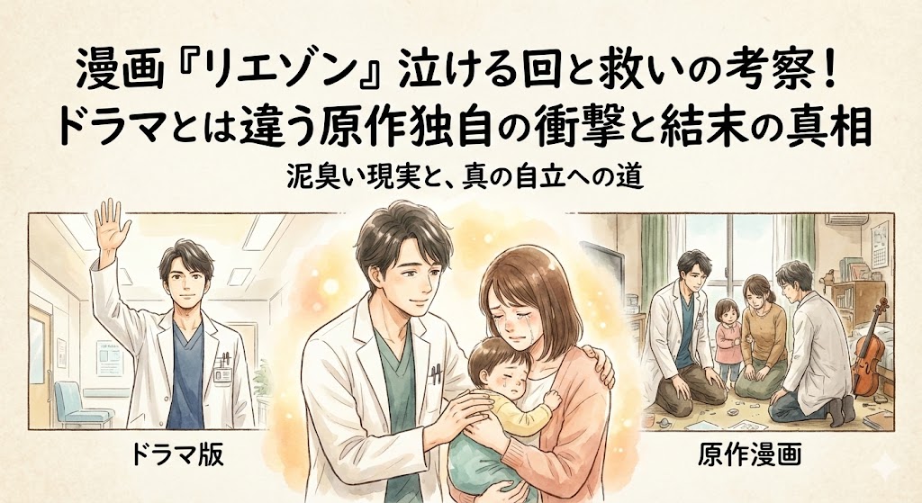 漫画『リエゾン』泣ける回と救いの考察画像。ドラマ版との違いや原作独自のリアリズム、最終21巻の結末の真相を対比させた、物語の核心を伝えるイラスト。