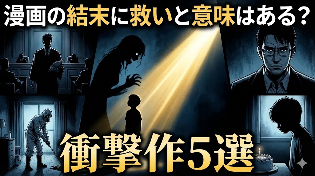 漫画の結末に救いと意味はあるか、衝撃作5選を考察する画像。代償や血の轍などの世界観をコラージュし、絶望に差す一筋の光で納得の答えと救いを視覚的に表現しています。