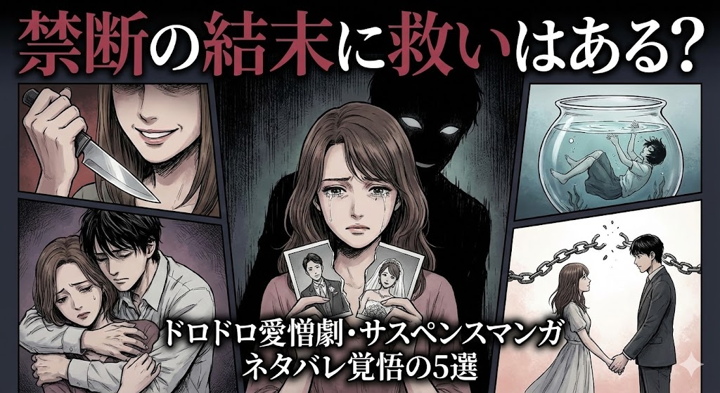 ドロドロの不倫・サスペンスマンガ5選の結末ネタバレを考察。救いのあるラストや安く読む方法を解説するまとめ記事のマンガ風イラスト。