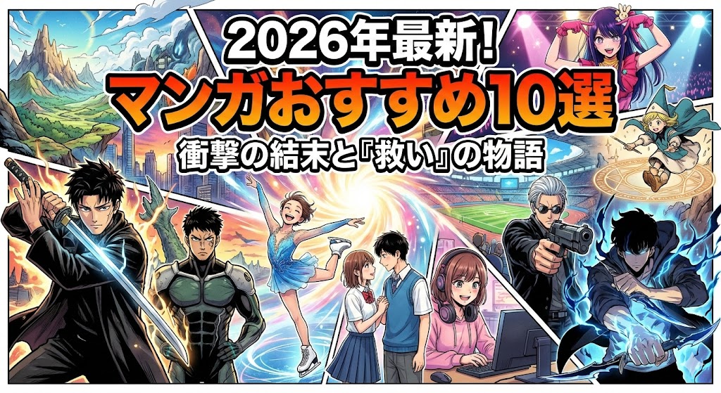 2026年最新マンガおすすめ10選。カグラバチや推しの子など、衝撃の結末と救いの物語を象徴する人気キャラクターが集結したアイキャッチ画像。