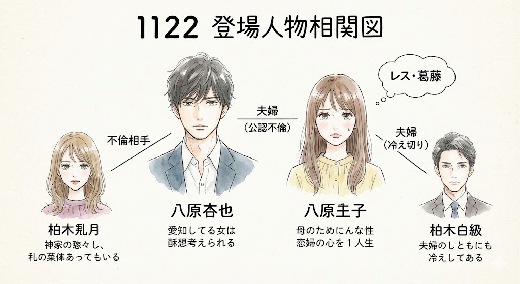 漫画『1122』の登場人物相関図。一子・二也夫婦や美月、志朗の複雑な人間関係を整理し、物語のあらすじや結末の背景を深く理解するための解説用画像。