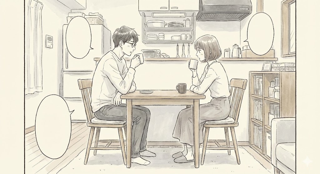 漫画『1122』の代表的な夫婦シーンを再現。結末に納得いかない理由や真実の救いを考察するブログ記事に最適な、繊細なタッチのアイキャッチ画像。