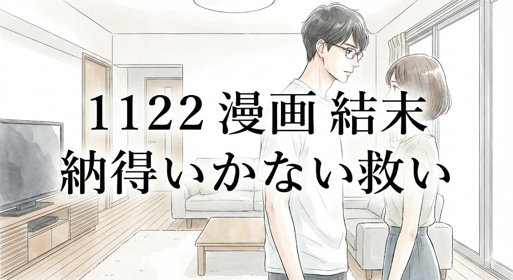 漫画『1122』の画風を再現し「1122 漫画 結末 納得いかない 救い」のキーワードを中央に配置した、情緒溢れるブログ用アイキャッチ画像。