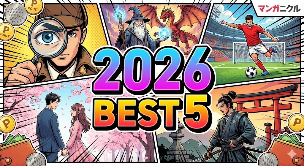 2026年おすすめ漫画5選。ミステリーやスポーツの背景に、おトクさを象徴するコインや財布を描いたマンガニクルのアイキャッチ画像。