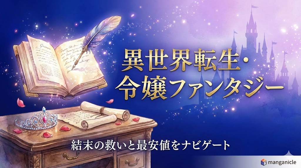 異世界転生・令嬢ファンタジー漫画の結末と最安値をナビゲートする、マンガニクルのカテゴリー画像。魔法の本やティアラを配した華やかなデザイン。