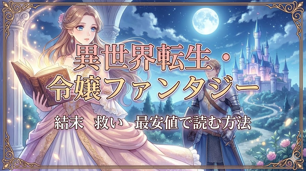 異世界転生・令嬢ファンタジー漫画の結末ネタバレと最安値をガイドする、マンガニクルのアイキャッチ。華やかな令嬢が描かれたマンガ風デザイン。