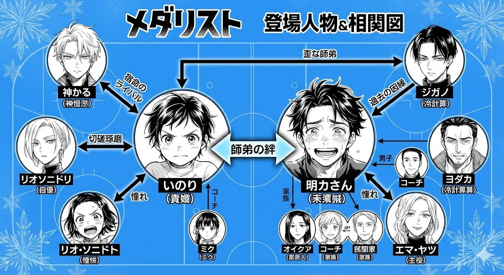 漫画『メダリスト』の主要キャラクター相関図。師弟の絆やライバル関係、コーチ陣との繋がりを網羅した、物語の理解を助ける相関図画像です。