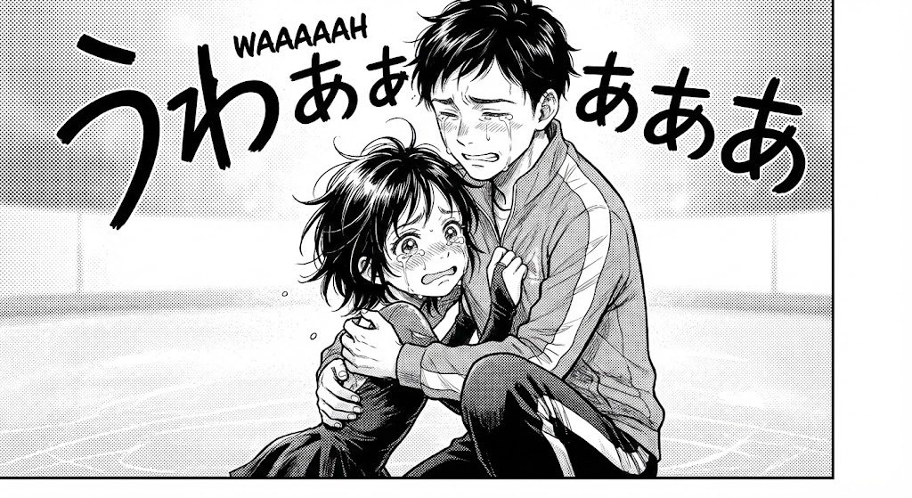 漫画『メダリスト』で、感情を爆発させ号泣するいのりと、彼女を抱きしめ共に涙する司先生を描いた、師弟の絆が胸を打つ感動的なイラスト。