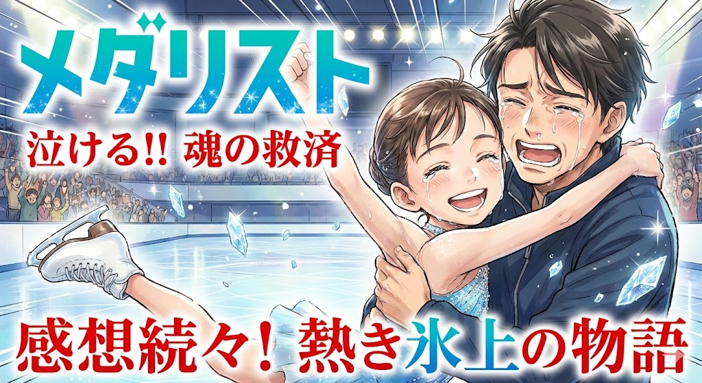 漫画『メダリスト』の泣ける救いの魅力を表現した画像。氷上で涙を流し抱き合う師弟の感動的なシーンに、感想を促すキャッチコピーが入っています。