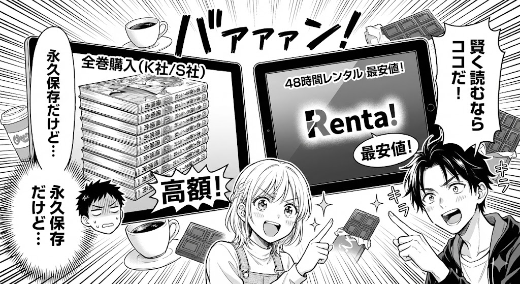 漫画『メダリスト』の購入とRenta!レンタルの価格比較。最安値で賢く読む方法を、キャラクターがコーヒーやチョコを交えて解説するイラスト。