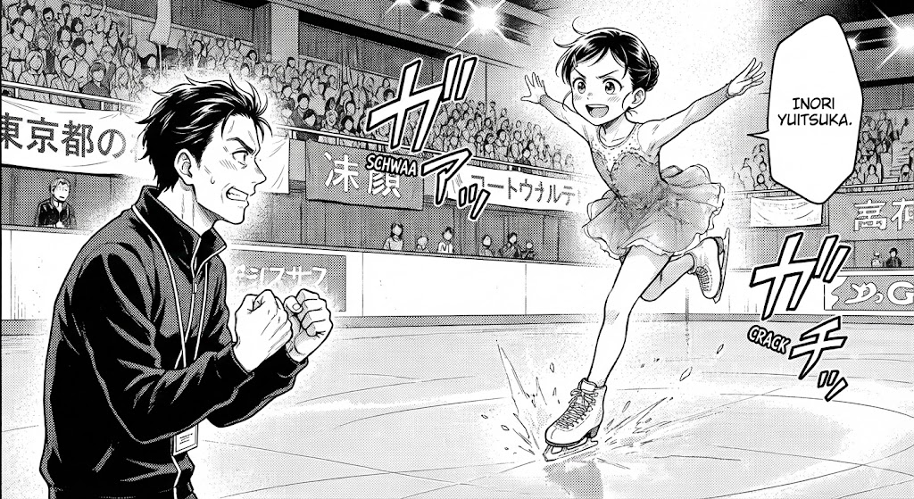 漫画『メダリスト』の代表的シーンを再現したモノクロ画像。全力で氷上を滑るいのりと、彼女を熱く鼓舞する司先生の絆を描いた魂が震える一枚です。