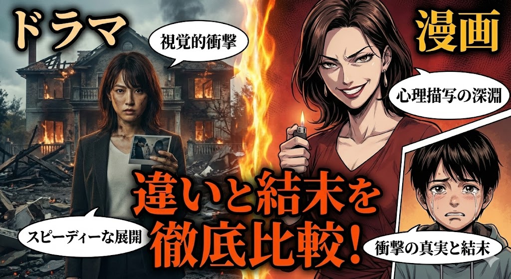 御手洗家、炎上するのドラマ版と原作漫画の違いを比較するイラスト。左側はドラマの視覚的衝撃、右側は漫画の心理描写と真実の結末を表現