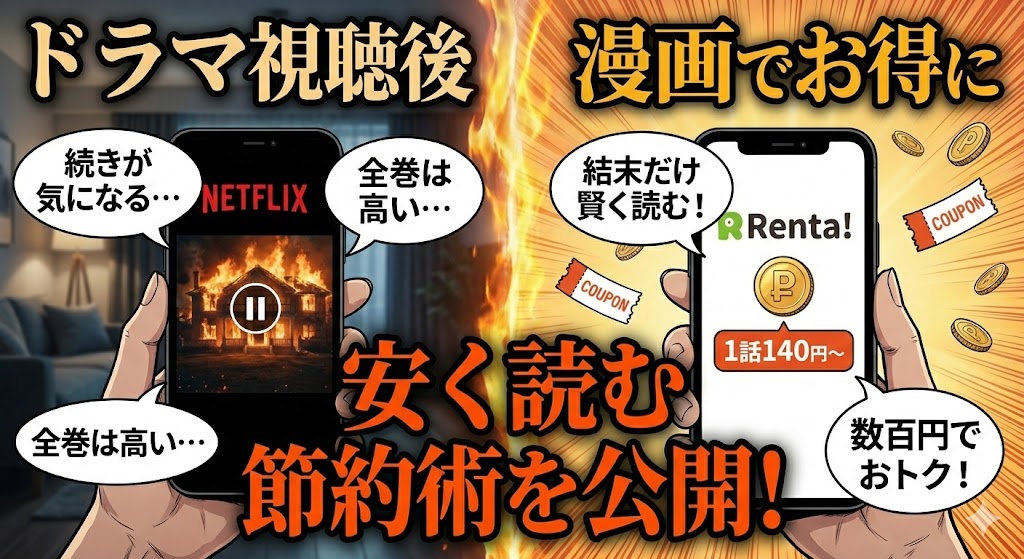 御手洗家、炎上するのドラマ・漫画の違いや結末をネタバレしつつ、安く読む節約術を解説するイラスト。燃える邸宅を背に復讐を誓う人物と物語の核心を表現。