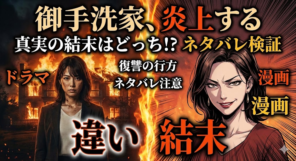 御手洗家、炎上するのドラマ版と原作漫画の違いを比較し、衝撃の結末（真犯人）がどっちなのかをネタバレ検証するアイキャッチ画像