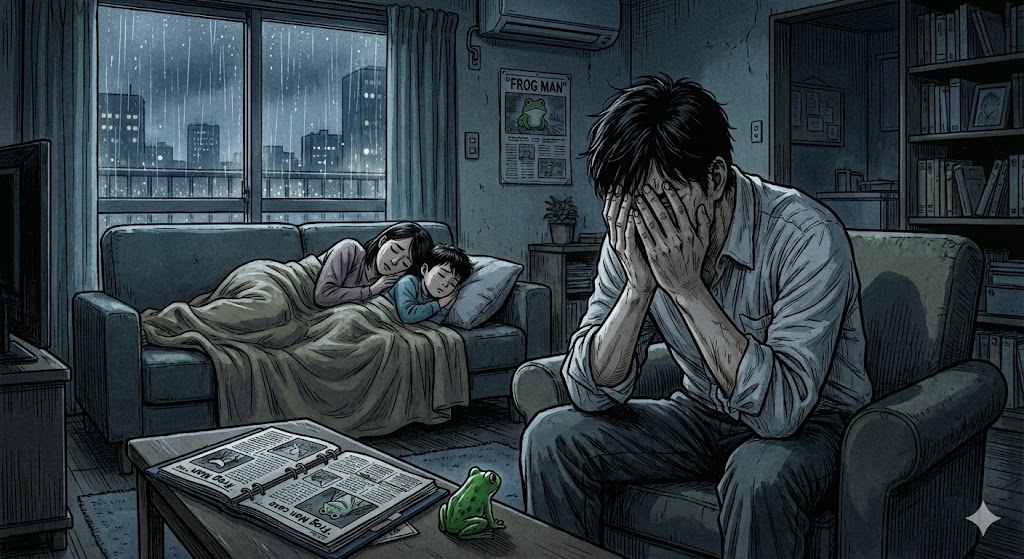 漫画『ミュージアム』のネタバレ解説。雨の中で絶望する沢村刑事と子供の影。物語の結末にある救いと不穏な真相を表現したイラスト。