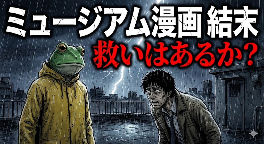 漫画『ミュージアム』の結末に救いはあるかを考察。雨の屋上で対峙するカエル男と刑事のイラスト。ネタバレ解説記事のアイキャッチ画像。