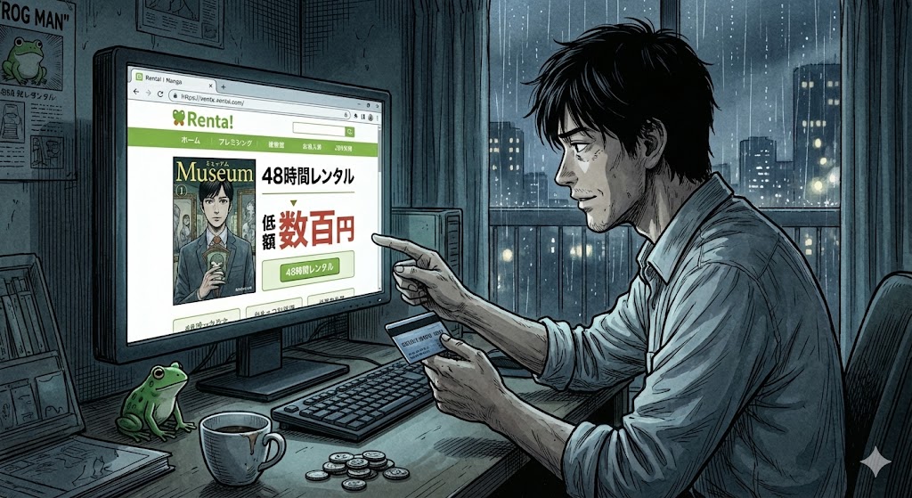 漫画『ミュージアム』をRenta!で安くレンタルする様子。PC画面には「48時間レンタル 数百円」の文字。賢く結末を確認する方法を提案。