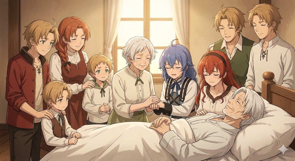 老年期のルーデウスと家族が勢揃いした『無職転生』の結末シーン。物語のあらすじ・結末・どこで読めるかを解説する記事のアイキャッチ画像です。