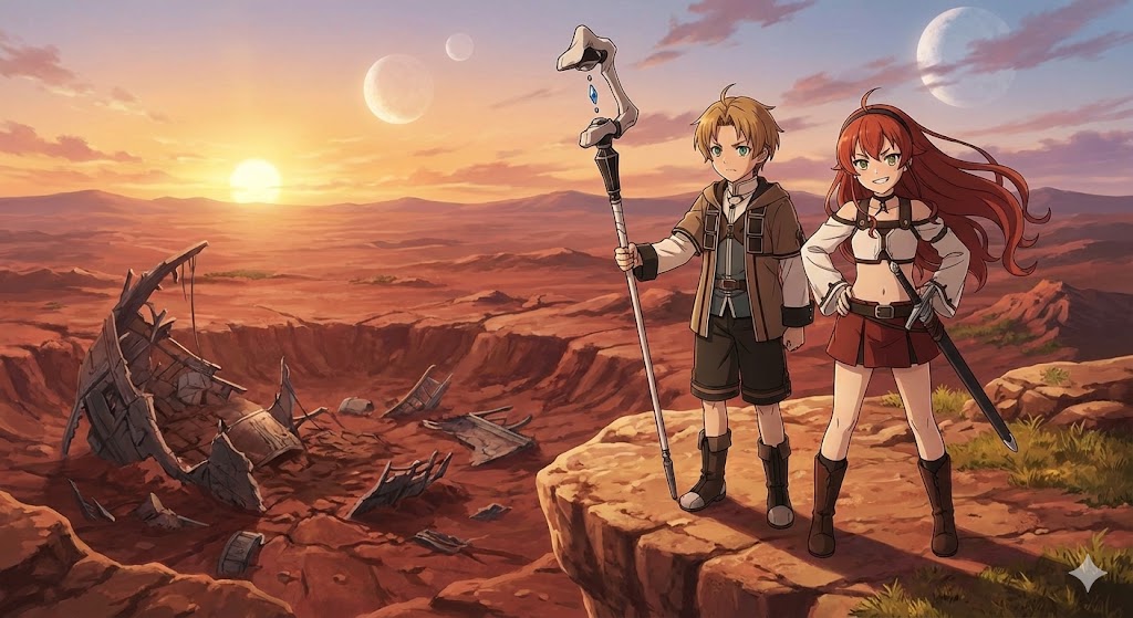 夕暮れの魔大陸に立つルーデウスとエリス。眼下には魔力災害の跡地が広がり、二つの月が空に浮かんでいる『無職転生』のアニメイラストです。