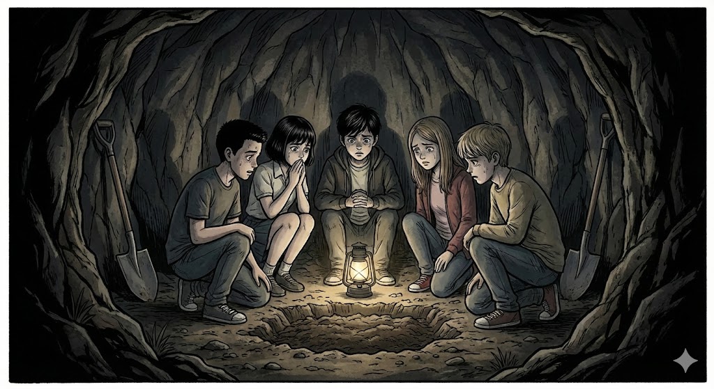 漫画『骨が腐るまで』の象徴的な洞窟での儀式シーン。罪を共有する幼馴染5人が毎年行う遺体確認の様子と、彼らの間に漂う重苦しい緊張感を再現しています。