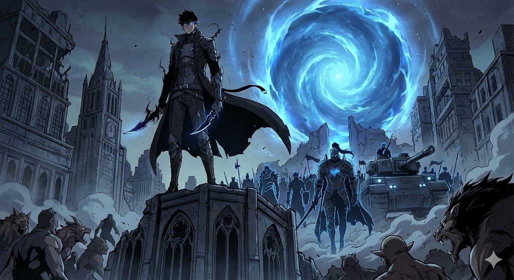 「俺だけレベルアップな件」風の画風で、青いゲートを背に立つ影の君主と軍団がモンスターと対峙する、迫力ある完結記念イメージ画像。