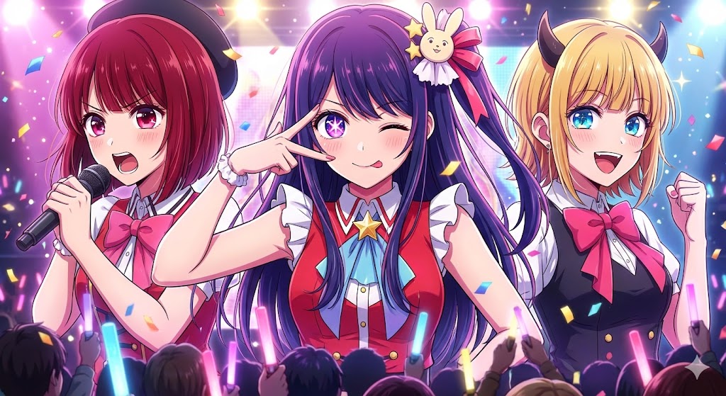 『【推しの子】』を象徴するアイドルライブのステージ。星を宿した瞳で歌うキャラクターたちが、華やかな光の中で輝く作品の魅力を凝縮したシーン。