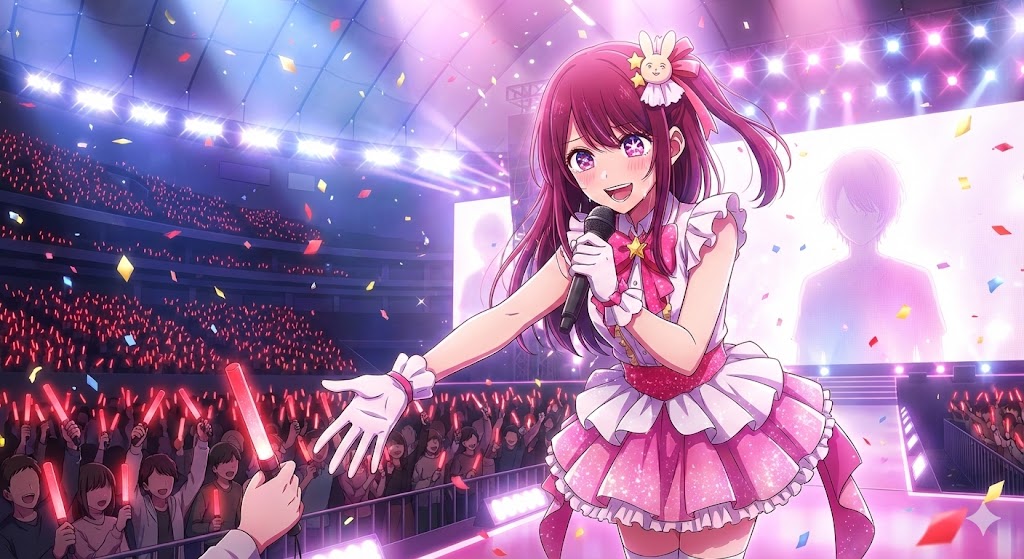 『【推しの子】』終盤、ドームの舞台で輝くルビー。母アイの夢を叶え、観客に手を伸ばす感動的なシーンを描いた、物語の「救い」を象徴する画像。