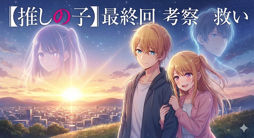 『【推しの子】』最終回の考察記事用画像。星空の下、救いを感じる表情のアクアとルビー、それを見守るアイが描かれた感動的なアイキャッチ。