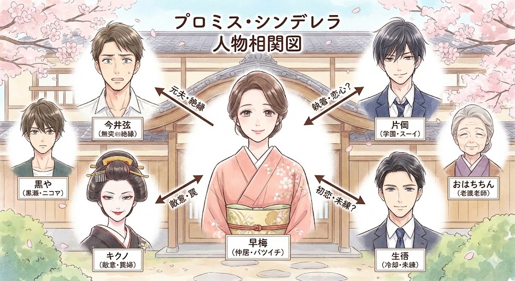 『プロミス・シンデレラ』の登場人物相関図。早梅を中心に、壱成や成吾との複雑な関係性を矢印で示した、作品理解に役立つイラスト。