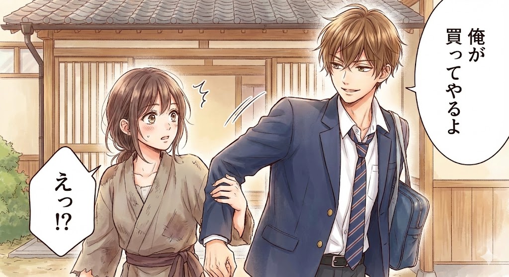 少女漫画『プロミス・シンデレラ』の画風で描かれた、壱成が早梅に「俺が買ってやるよ」と声をかける序盤の出会いのシーンのイラスト。