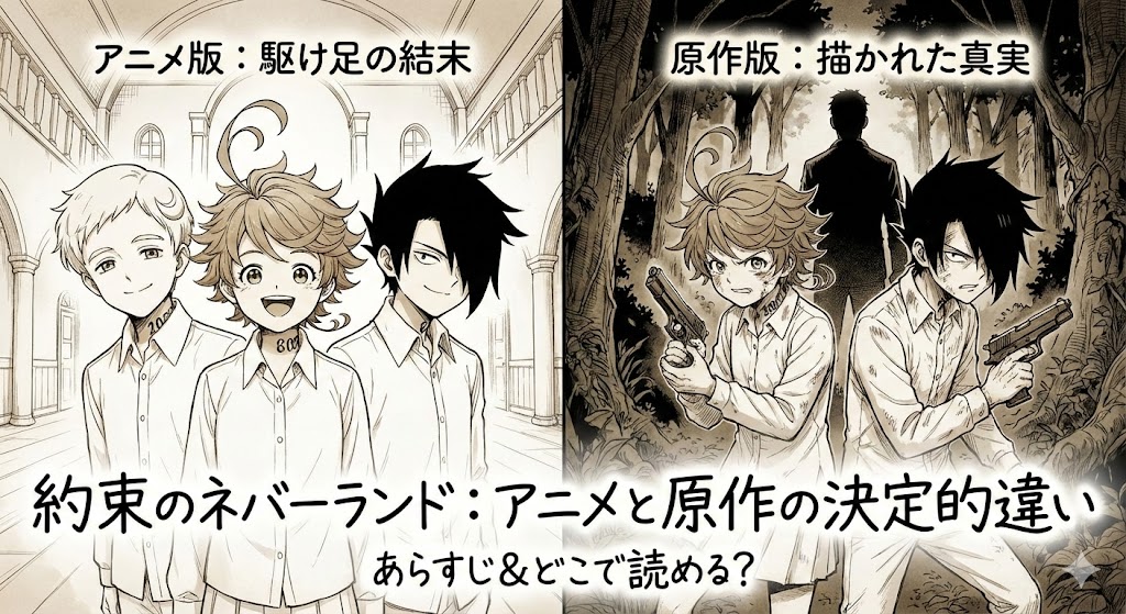 約束のネバーランドのアニメと原作の違いを比較した画像。あらすじやどこで読めるかも解説。エマ、ノーマン、レイの対照的な姿を描写。