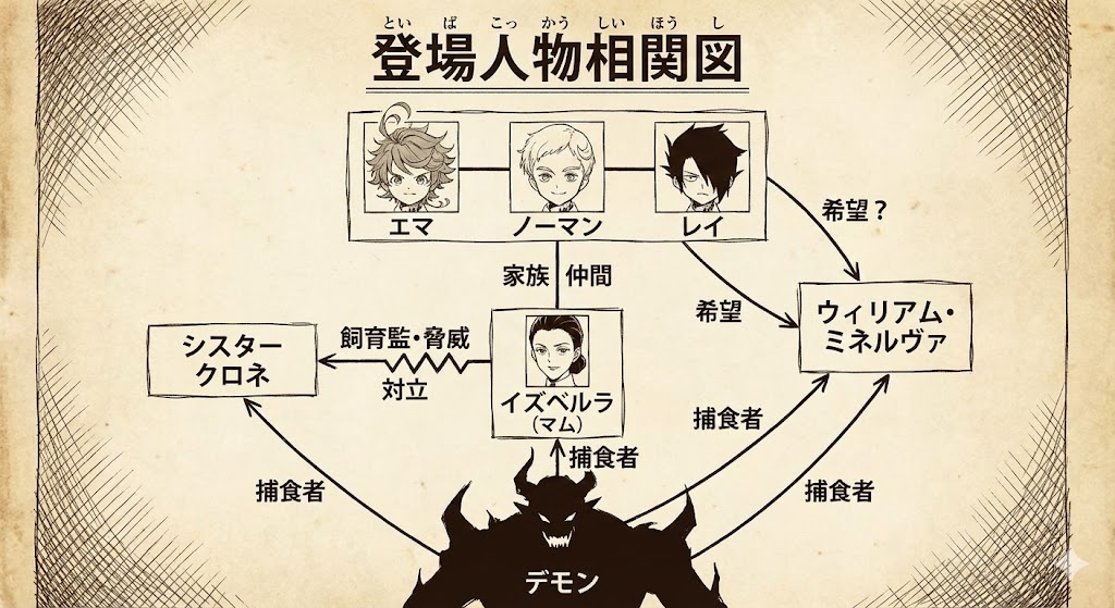 約束のネバーランドの主要キャラであるエマ、ノーマン、レイの関係性がわかる相関図画像。アニメと原作の違いを理解するためのあらすじ解説に活用。