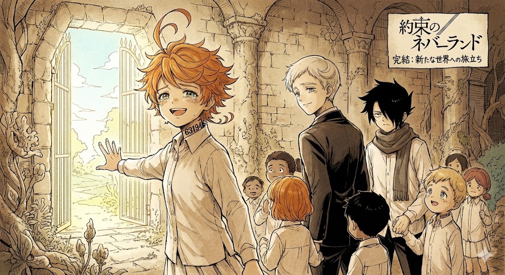 約束のネバーランドのアニメと原作の違いを象徴する終盤の比較画像。あらすじやどこで読めるかも解説。感動の完結シーンにおける真実を描写。