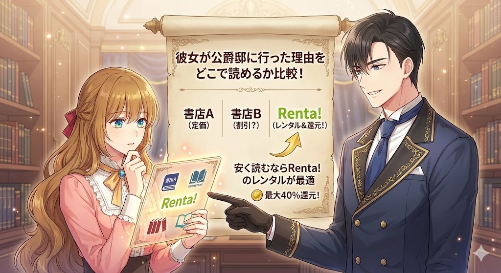彼女が公爵邸に行った理由のあらすじ・結末ネタバレ。どこで読めるか徹底比較し、Renta!で安く読む方法を提案するレリアナ風の画像。