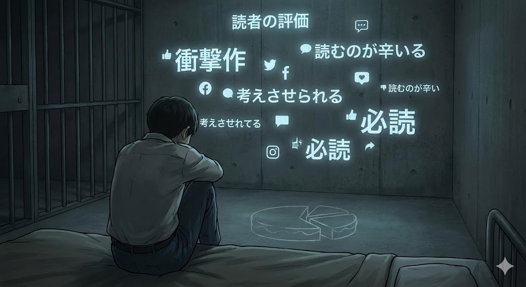 少年院の独房で、壁に投影された「衝撃作」「読むのが辛い」といった読者の評価を見つめる少年。床には三等分できないケーキの絵がある。