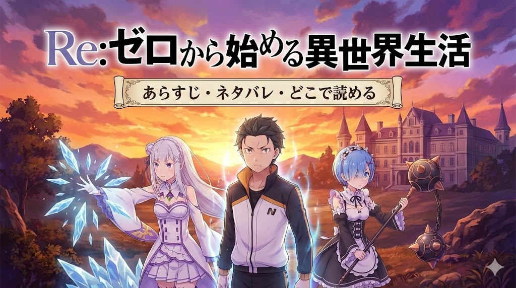 『Re:ゼロから始める異世界生活』のスバル、エミリア、レムが並び、「あらすじ・ネタバレ・どこで読める」のテキストが入ったブログ用アイキャッチ画像。