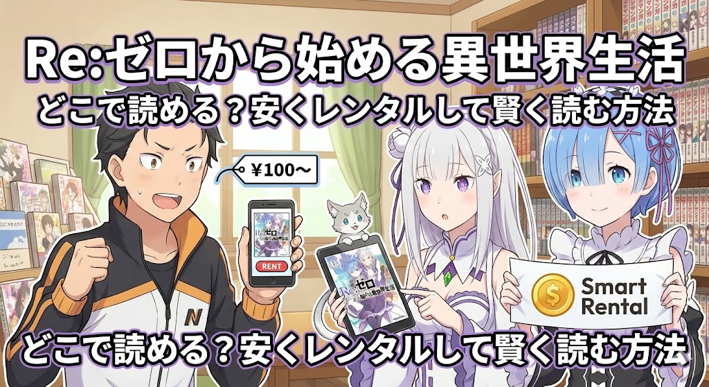 『Re:ゼロから始める異世界生活』はどこで読めるか、安くレンタルして読む方法を解説したセクションの、スバルたちが描かれたアイキャッチ画像。