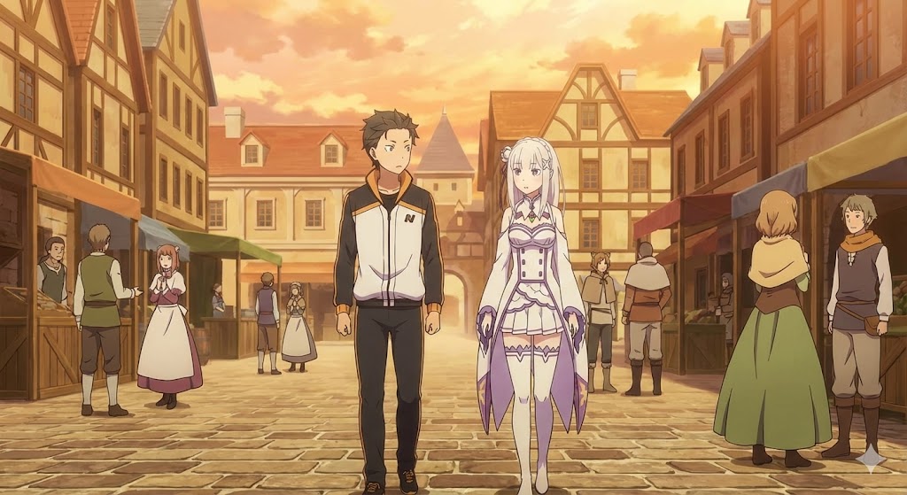 『Re:ゼロから始める異世界生活』のスバル、エミリア、レムが登場する、あらすじ・ネタバレ・どこで読めるかを解説した記事のアイキャッチ画像。