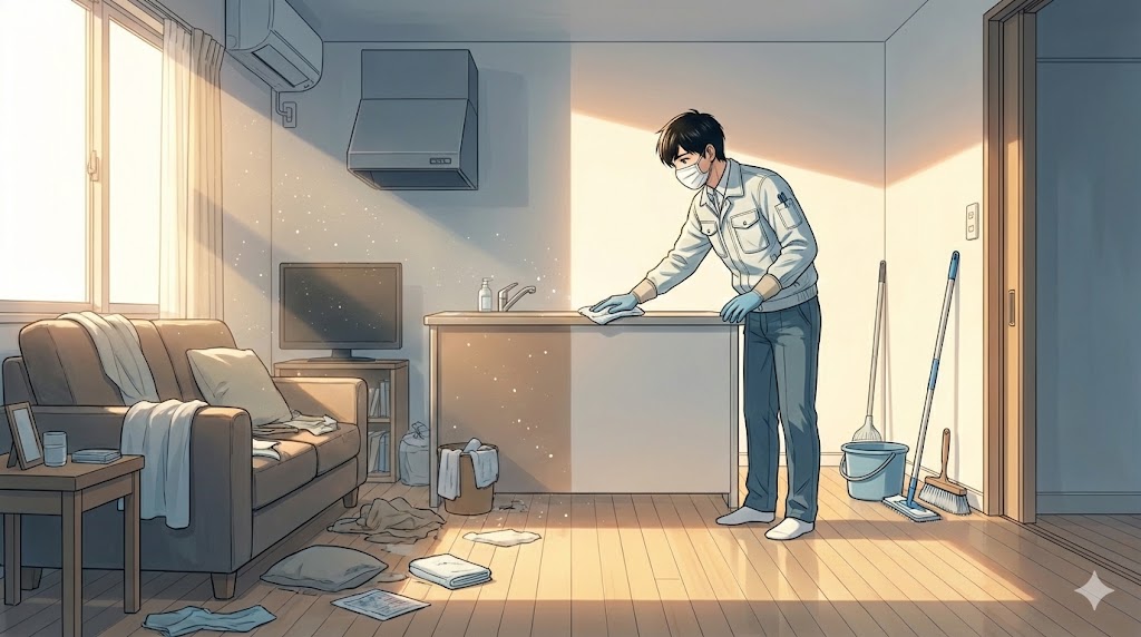 ROUTE ENDの読後感が綺麗と評される理由を考察する画像。特殊清掃員が部屋を浄化していく描写が、心の整理や意味の探求と重なる様子を表現しています。