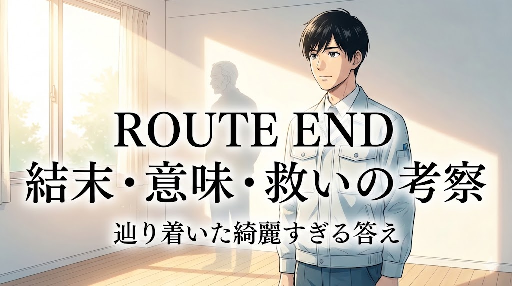 漫画ROUTE ENDの結末考察画像。特殊清掃員の青年と老後の影が陽光の差す綺麗な部屋に立ち、結末や意味、救いに関する考察テキストが添えられています。